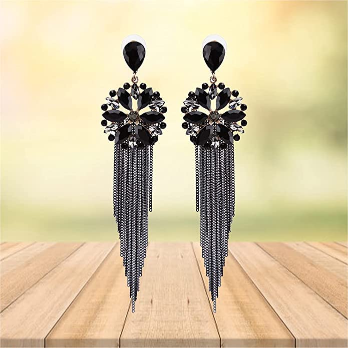 Yellow Chimes Danglers Earrings for Women Black Crystal Earrings Long Chains Tassel Danglers Earrings for Women and Girls.