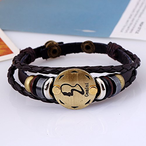 Yellow Chimes Zodiac Sign Constellation Handmade Brown Leather Bracelet for Men and Women/Unisex (Gemini)