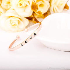 Yellow Chimes Exclusive valentine Collection Rose Gold Plated Engraved Letter Love Open Adjustable Cuff Bangle Bracelet For Men and Women