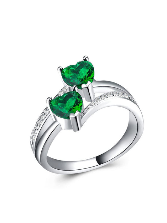 Yellow Chimes Rings for Women and Girls Blue Color Ring | Silver Tone Dual Heart Shaped Green Crystal Finger Ring for Women | Birthday Gift For girls and women Anniversary Gift for Wife