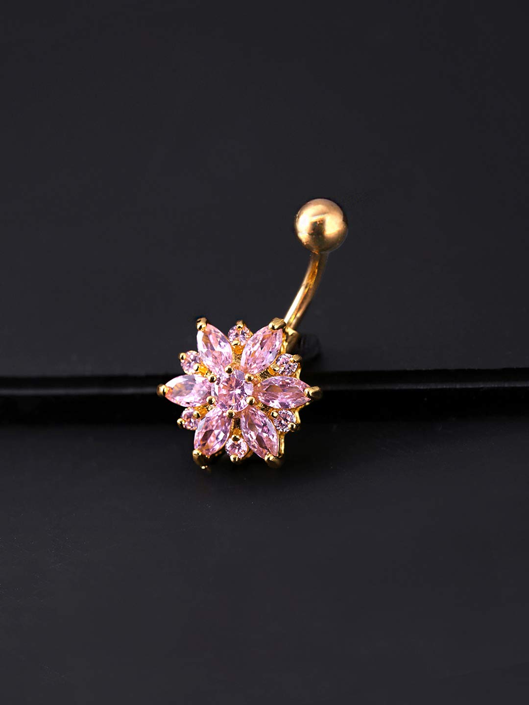 Yellow Chimes Belly Button Ring for Women Body Piercing Jewelry Stainless Steel Navel Piercing Jewelry Floral Pink Crystal Belly Button for Women and Girls.