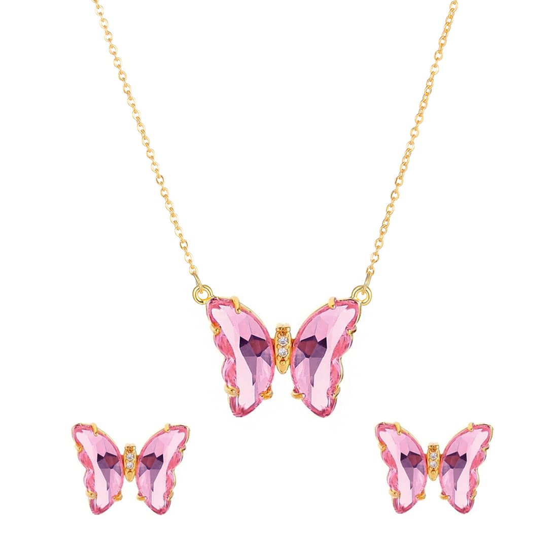 Yellow Chimes Latest Fashion Gold Plated Butterfly Crystal Pink Pendant Set With Earrings for Women and Girls