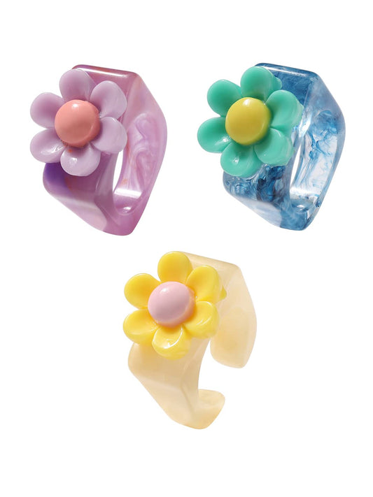 Yellow Chimes Rings for Women and Girls Acrylic Daisy Rings | Multicolor 3 Pcs Floral Ring Set Knuckle Finger Stackable Band Ring | Birthday Gift For Girls and Women