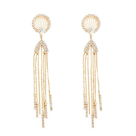 Yellow Chimes Earrings For Women Gold Tone Crystal Studded Long Chain Tassel Fringes Hanging Dangler Earrings For Women and Girls