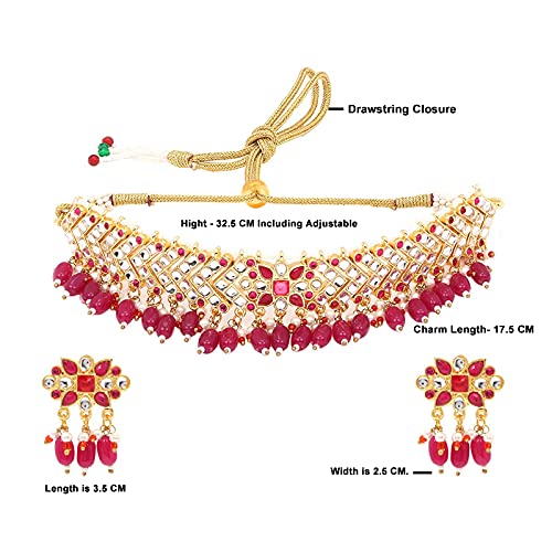 Yellow Chimes Ethnic Handcrafted Pink Kundan Jewellery Set Gold Plated Traditional Choker Necklace Set for women & Girls (Pink)