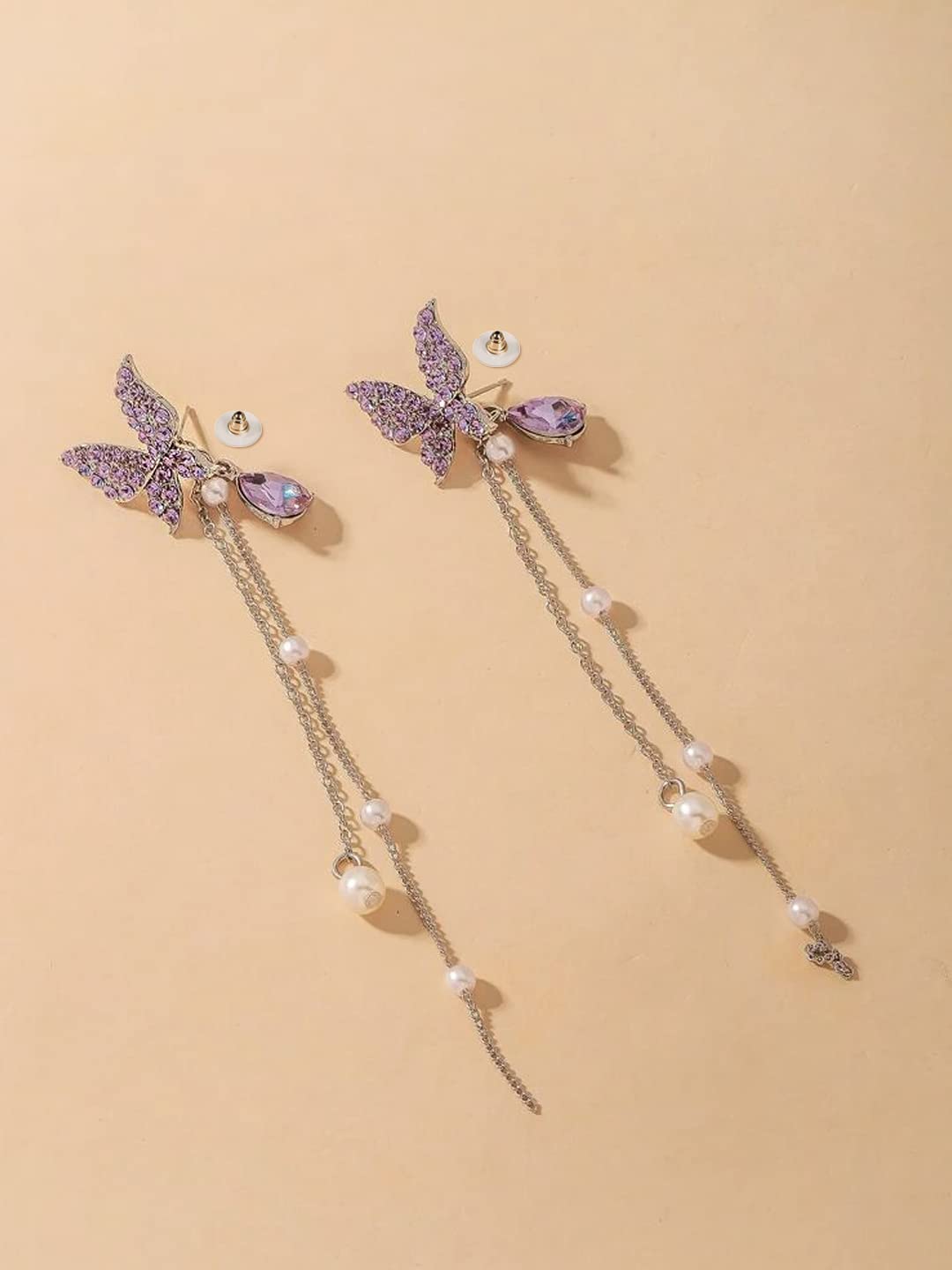 Kairangi Earrings For Women Silver Tone Purple Crystal Butterfly Lever Back Drop Earrings For Women and Girls