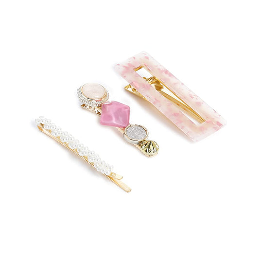 Yellow Chimes Hair Clips for Women 3 Pcs Hairclps For Girls Acrylic Pink Resin Pearl Bobby Pins Hair Clips Hair Accessories for Women and Girls.