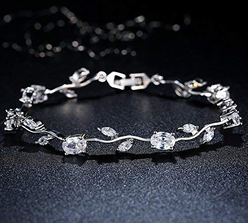 Yellow Chimes Women Crystal Bracelets | Rose Leaf Shaped Silver Toned Bracelets For Women | White CZ Crystals Bracelet For Woman | Birthday Gift for Girls & Women Anniversary Gift for Wife