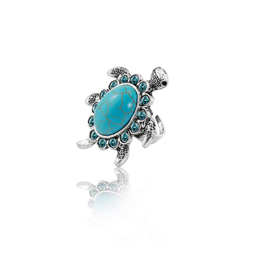 Yellow Chimes Good Luck Tortoise Design Turquoise Rhinestone Big Turtle Silver Plated Adjustable Rings for Women and Girl's