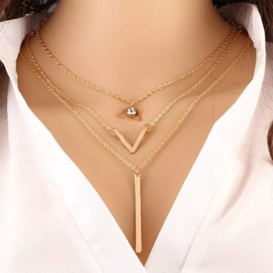 Yellow Chimes Layered Necklace for Women Multi Layered Geometric Long Chain Necklace Crystal Gold Plated Choker Necklace for Women And Girl's