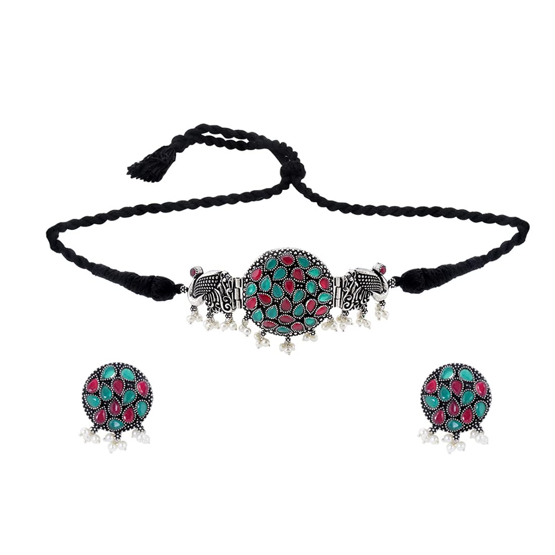 Yellow Chimes Ethnic German Silver Oxidised Studded Stone Peacock Design Threaded Choker Necklace Set Traditional Jewellery Set for Women and Girls, silver, multicolor, medium (YCTJNS-PECKSTON-MC)