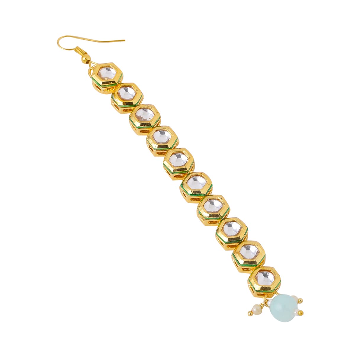 Yellow Chimes Maangtikka for Women Gold Toned Kundan Studded Single Line Designed Green Pearl Drop Maangtikka for Women and Girls