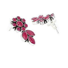 Yellow Chimes Ethnic German Silver Oxidised Pink Flower and Leaf Design Traditional Drop Earrings for Women And Girls, Medium (YCTJER-225OXDDRP-PK)