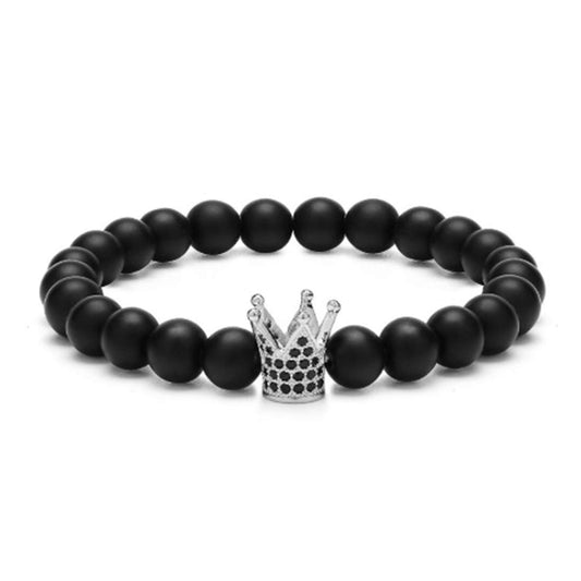 Yellow Chimes King Crown Natural Matte Black Volcanic Lava Stone Beads Stretchable Charm Bracelet for Men and Boy's