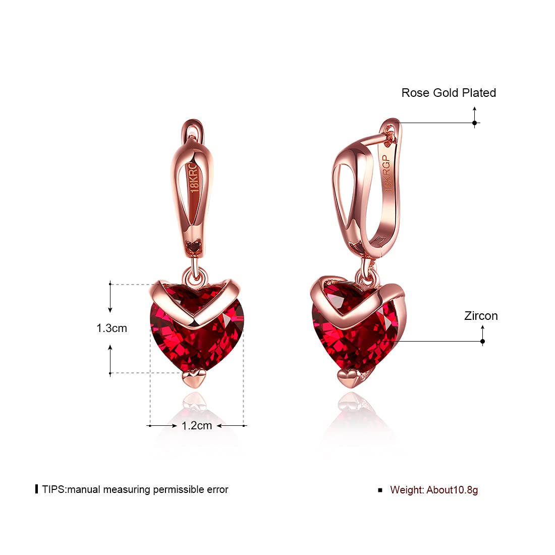 Yellow Chimes Clip On Earrings for Women Red Heart A5 Grade Crystal 18K Rose Gold Plated Drop Earrings Women and Girls