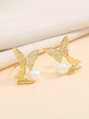Yellow Chimes Earrings For Women Gold Tone Double Butterfly Attached Crystal Studded With White Pearl Drop Earrings For Women and Girls