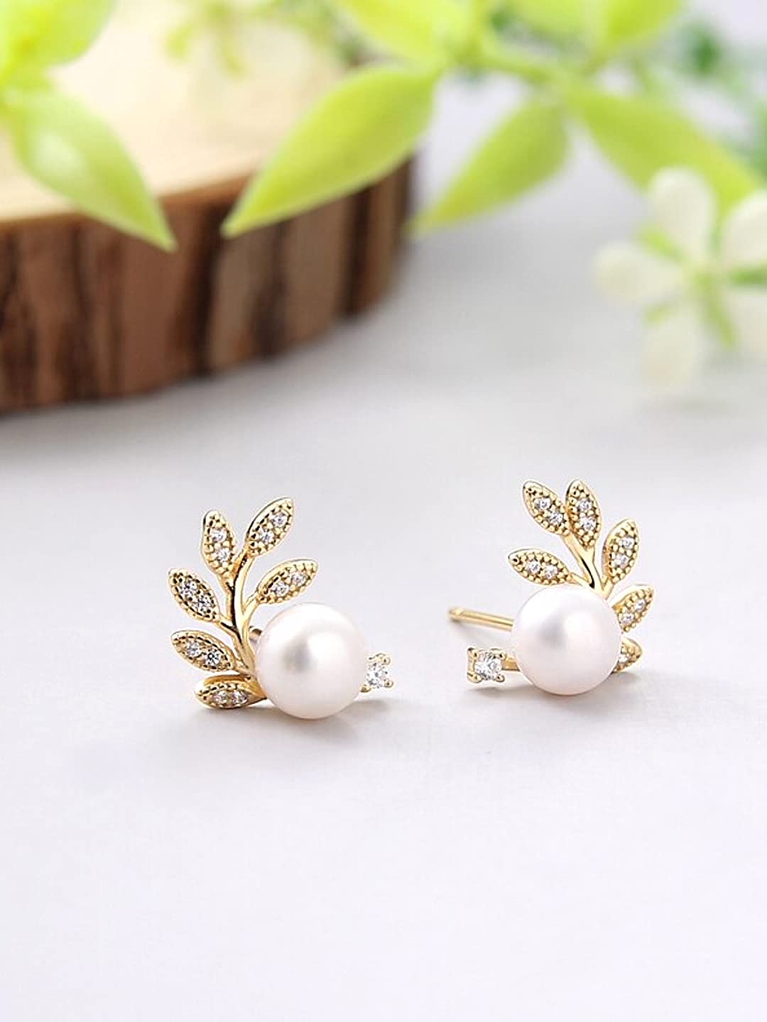 Yellow Chimes Earrings For Women Gold Tone Leaflet Designed Pearl Studded Stud Earrings For Women and Girls