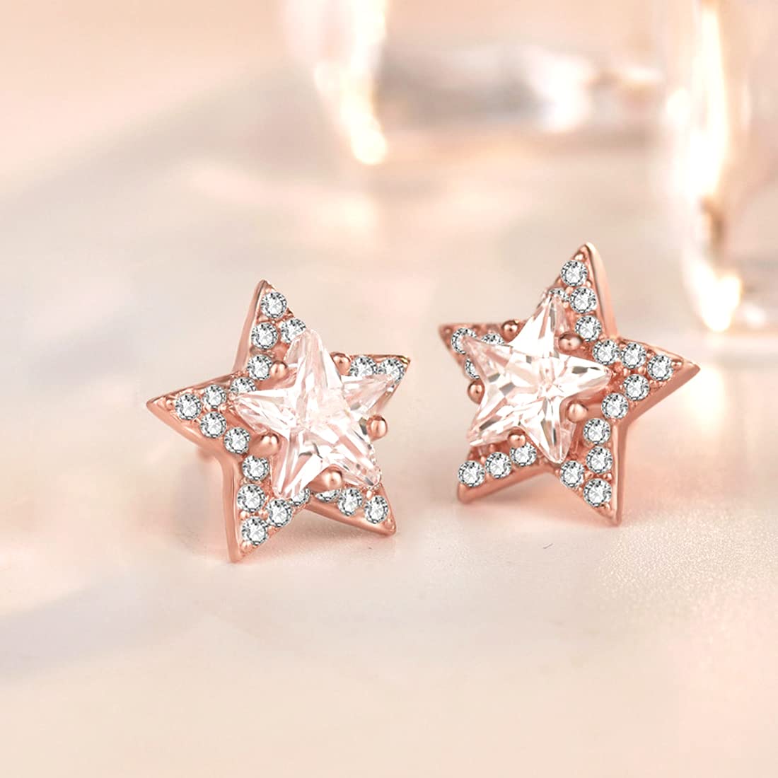 Yellow Chimes Elegant 925 Sterling Silver Hallmark and Certified Purity Star Design Crystal Stud Earrings for Women and Girls, Rose Gold, Medium