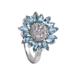 Yellow Chimes Rings for Women Floral Designed Aquamarine Blue and White Crystal Sunflower Shaped Silver Plated Rings for Women and Girl's
