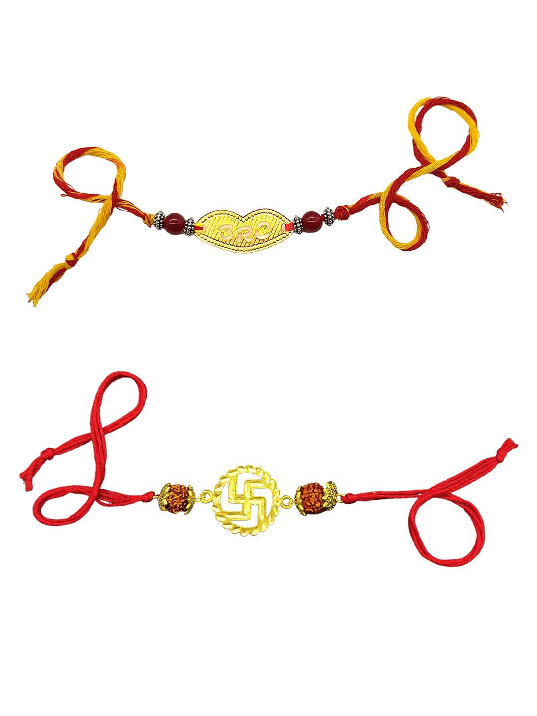 Yellow Chimes Set of 2 Pcs Handmade Dori Worked Gold Toned Swastik and BRO Engraved Design Rudraksh Rakhi for Brother with Roli & Chawal, Red, Gold, Medium (YCTJRK-12BHAY-GL) for Men