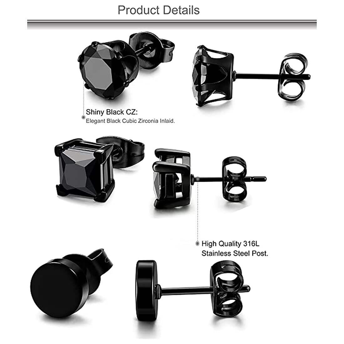 Yellow Chimes Stud Earrings for Men Combo of 3 Pairs Stainless Steel Black Crystal Studs Earrings Combo for Men and Women