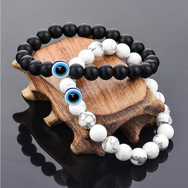 Yellow Chimes Bracelet for Women and Men | Fashion Black & White Evil Eye Nazariya Beads Bracelets for Couple Stretch Lava Stone Beads Bracelets | Couple Bracelet