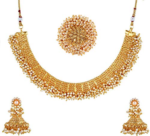 Yellow Chimes Exclusive Gold Plated Studded Pearl Antique Look Ethnic Traditional Choker Necklace Set with Ring And Earrings Jewellery Set for Women and Girls