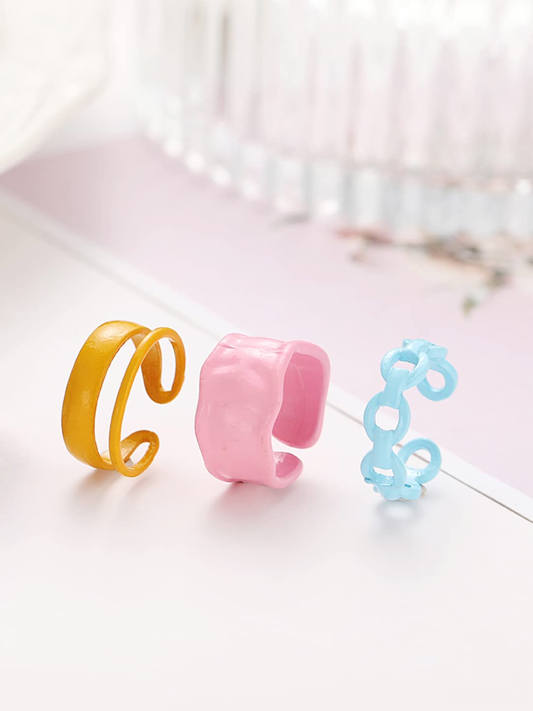 Yellow Chimes Rings for Women and Girls Adjustable Rings | Multicolor 3 Pcs Chunky Chain Ring Set Knuckle Finger Stackable Band Ring | Birthday Gift For Girls and Women