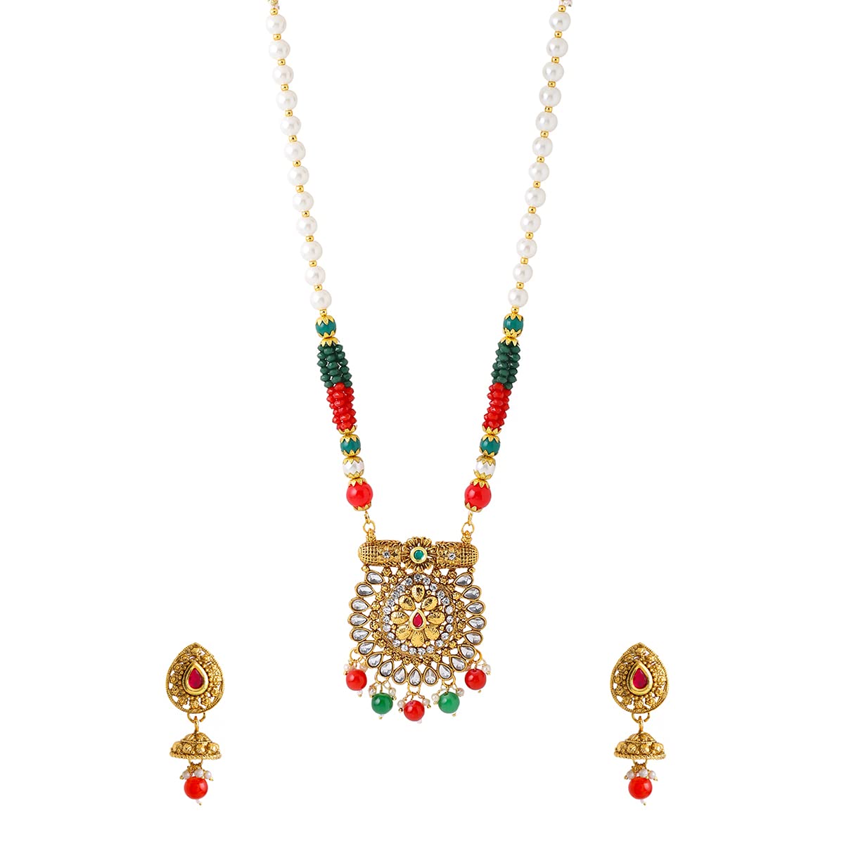 Yellow Chimes Jewellery Set For Women Long Kundan Beaded Charm Attached Necklace Set With Earrings For Women and Girls