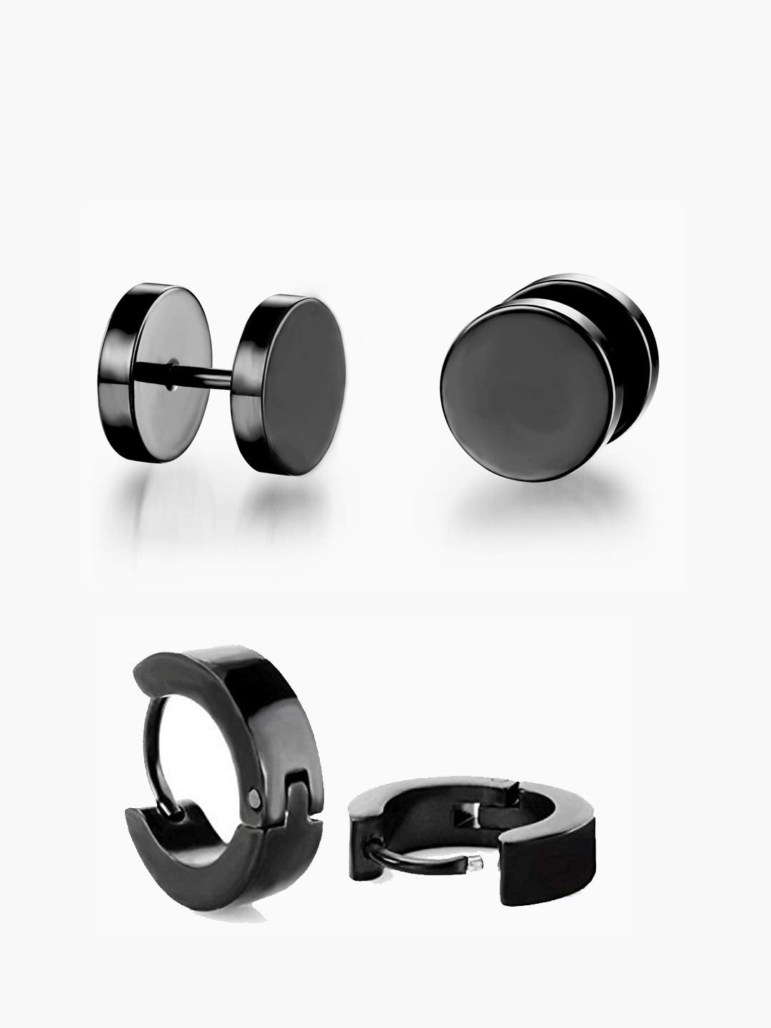 Yellow Chimes Stud Earrings for Men Combo of 2 Pairs Stainless Steel Dumbbell Black Stud Hoops Earrings for Men and Women