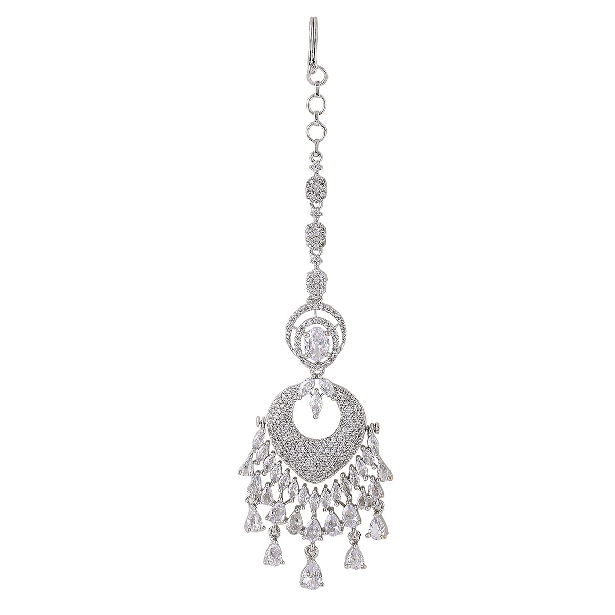 Yellow Chimes Mangtika for Women & Girls American Diamond Maang Tikka |Silver Plated Chandbali Designed Maang Tikka for Women for Wedding | Birthday Gift for girls & women Anniversary Gift for Wife