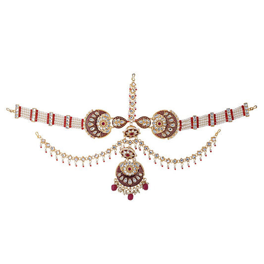 Yellow Chimes Maangtikka Daamini for Women Gold Plated Kundan Studded Meenakari Touch Multilayer White Beads Chain Designed Daamini Maangtikka for Women and Girls