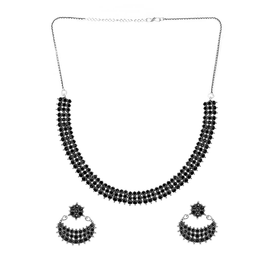 Yellow Chimes Ethnic German Silver Oxidised Black studded stones Choker Necklace Set Traditional Jewellery Set for Women and Girls, Medium (YCTJNS-56OXDRCK-BK)