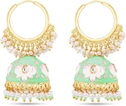 Yellow Chimes Meenakari Earrings Handcrafted Gold toned Traditional Green Jhumka/Jhumki Earrings for Women and Girls