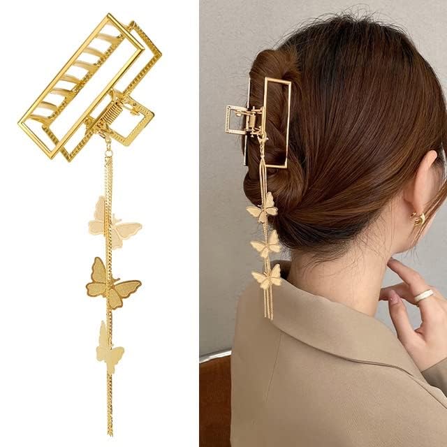 Yellow Chimes Hair Clip for Women Gold Toned Cluthers Long Hair Claw Clip with Hanging Butterfly Charm Hair Clutch for Women and Girls