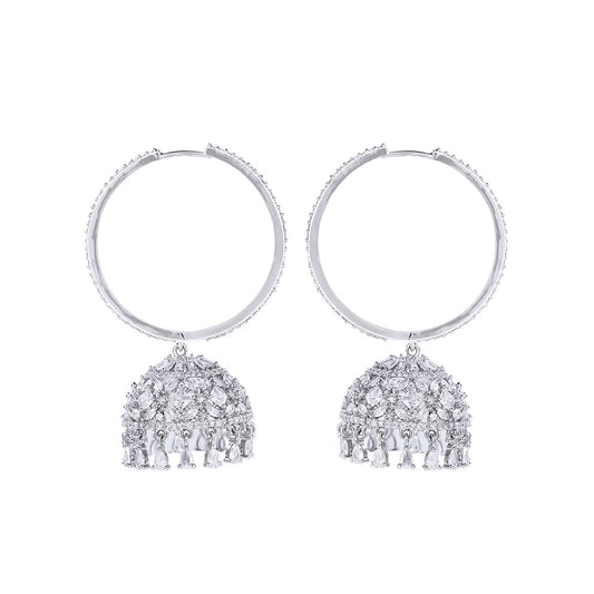 Yellow Chimes Classic AD/American Diamond Studded White Rhodium Plated Hoop Jhumka Earrings for Women and Girls, Medium