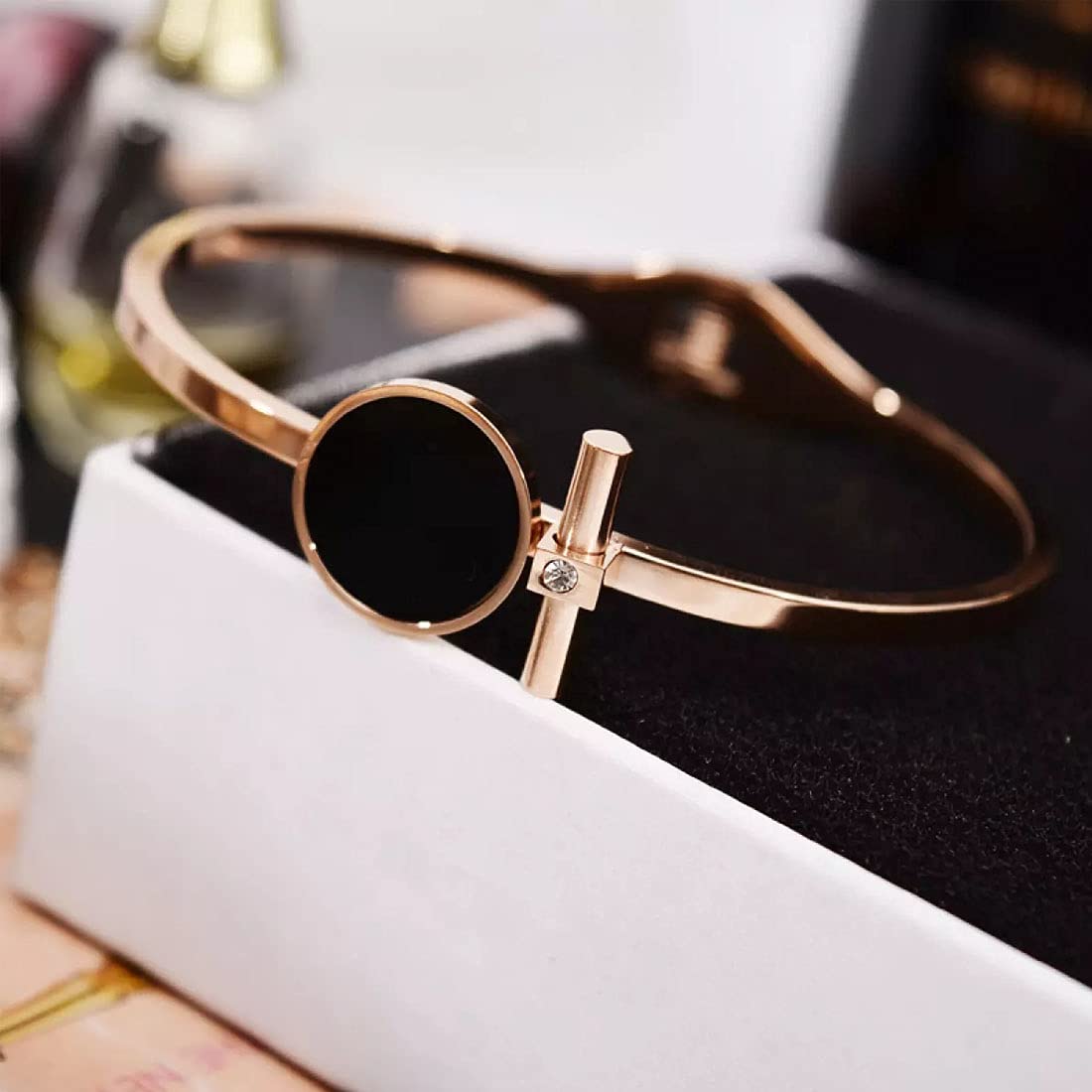 Yellow Chimes Kada Bracelet for Women Stainless Steel RoseGold Plated Black Circle Statement Style Kadaa Bracelet for Women and Girls.