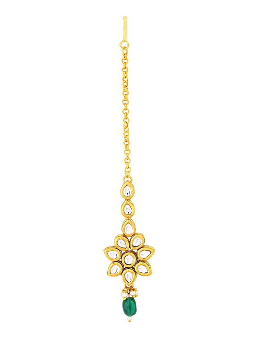 Yellow Chimes Maang Tikka for Women Gold Toned Kundan Studded Green Pearl Drop Floral Designed Maang Tikka for Women and Girls