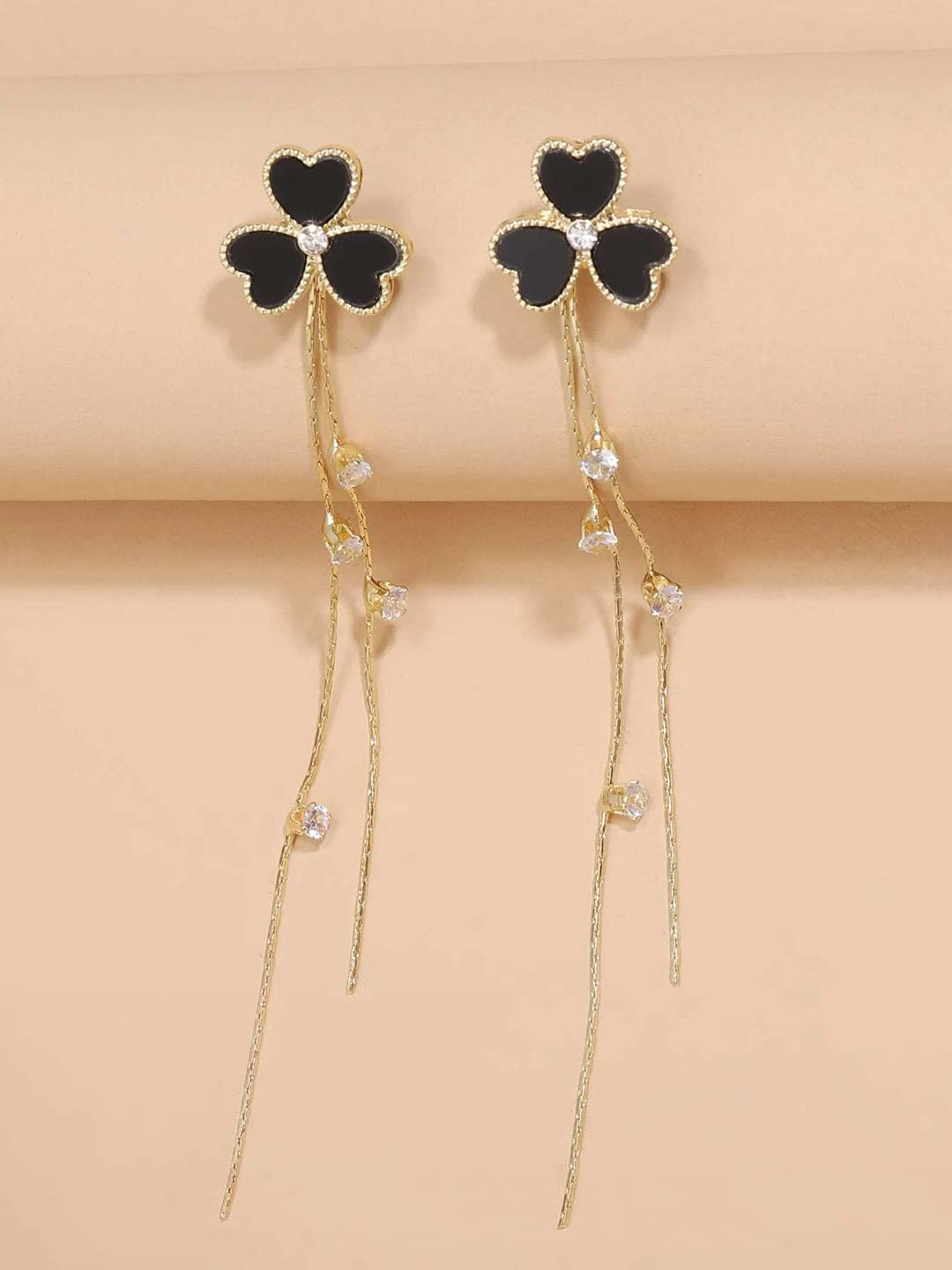 Yellow Chimes Earrings For Women Gold Tone Black Triple Heart Shape With Linear Long Chain Dangle Earring For Women and Girls