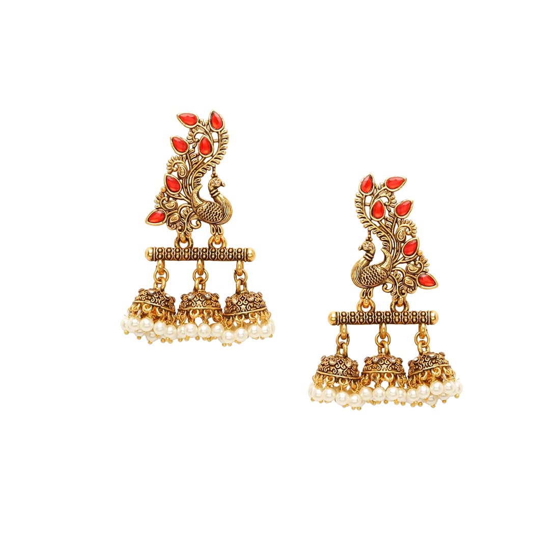 Yellow Chimes Earrings for Women Oxidised Gold Pink Crystal Studded Peacock Designed Jhumka Jhumki Earrings for Women and Girls