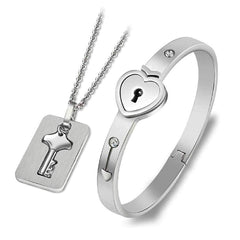 Yellow Chimes Couple Bracelet Set for Women Engraved Lock and Key Stainless Steel Couple Bracelet Pendant Necklace Set for Men and Women