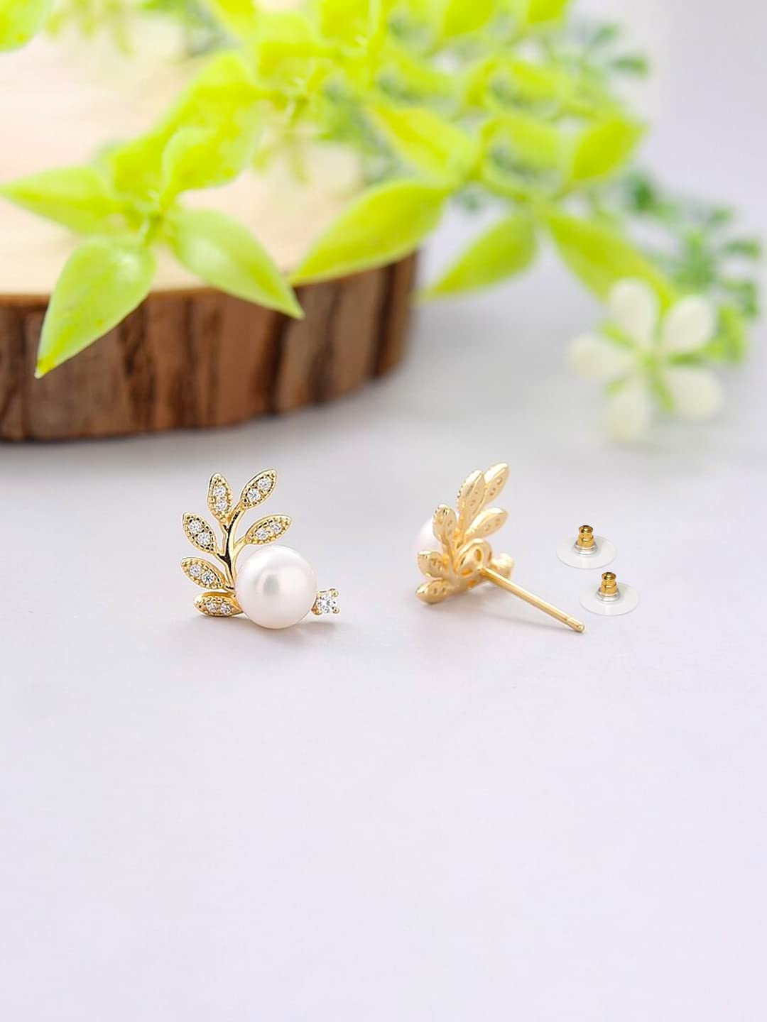 Yellow Chimes Earrings For Women Gold Tone Leaflet Designed Pearl Studded Stud Earrings For Women and Girls