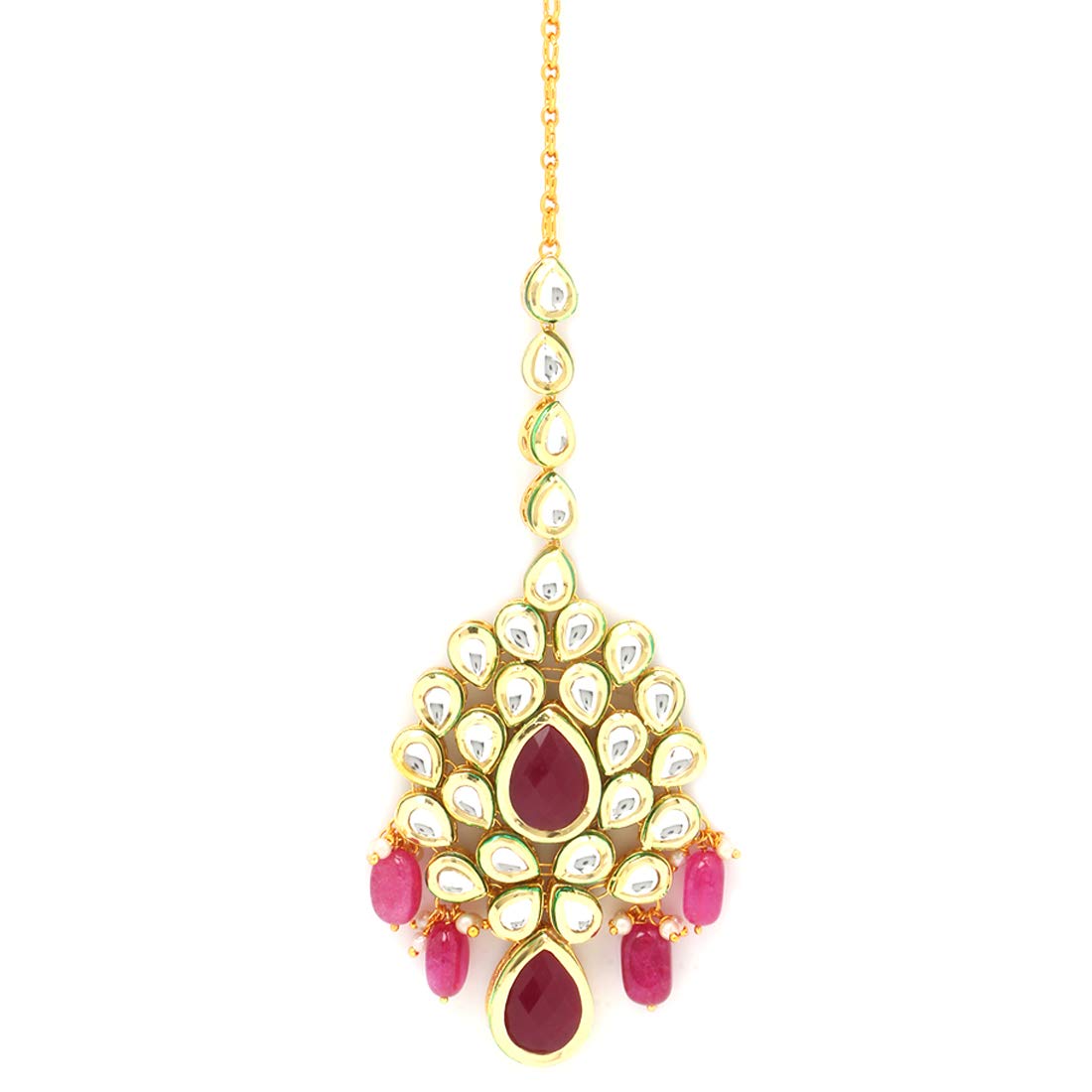 Yellow Chimes Traditional Gold Plated Kundan Studded Pink Moti Designer Ethnic Maang Tikka for Women and Girls