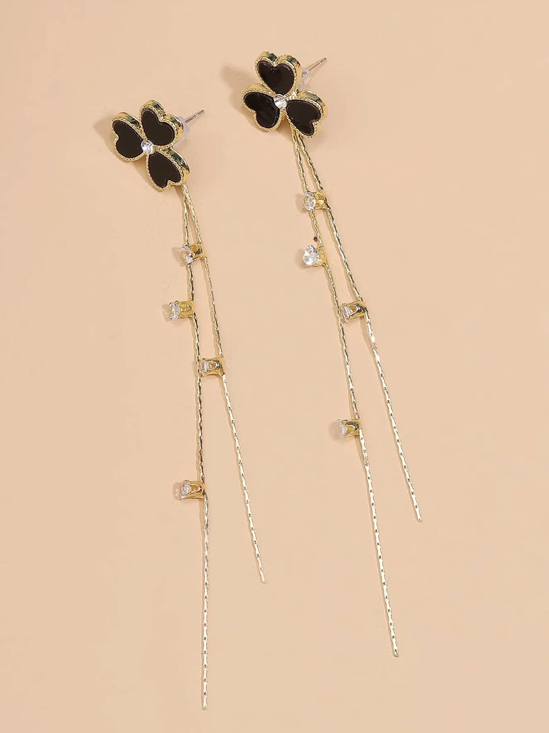 Yellow Chimes Earrings For Women Gold Tone Black Triple Heart Shape With Linear Long Chain Dangle Earring For Women and Girls