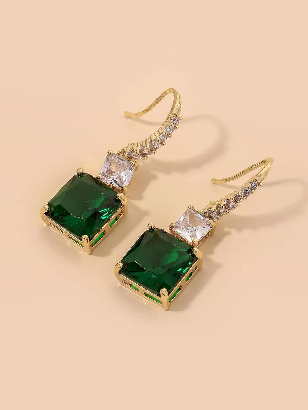 Yellow Chimes Earrings For Women Green Color Crystal Studded Huggie Hoop With Rectangular Drop Earrings For Women and Girls