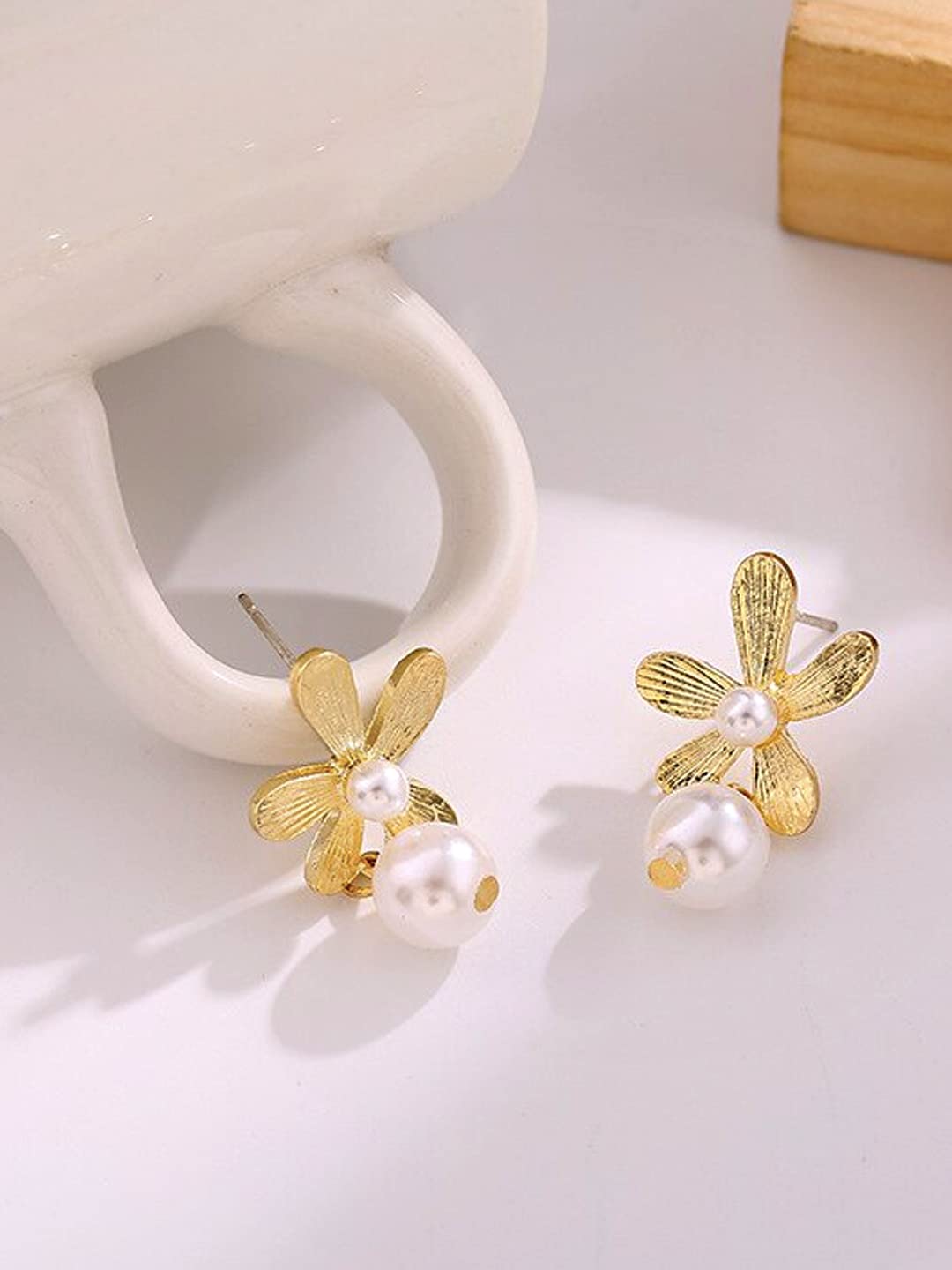 Yellow Chimes Earrings For Women Gold Tone Flower Designed Stud Pearl Hanging Drop Earrings For Women and Girls