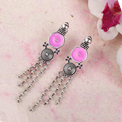 Yellow Chimes Designer German Silver Oxidized Afghani Style Long Chain Lightweight Earrings for Women and Girls