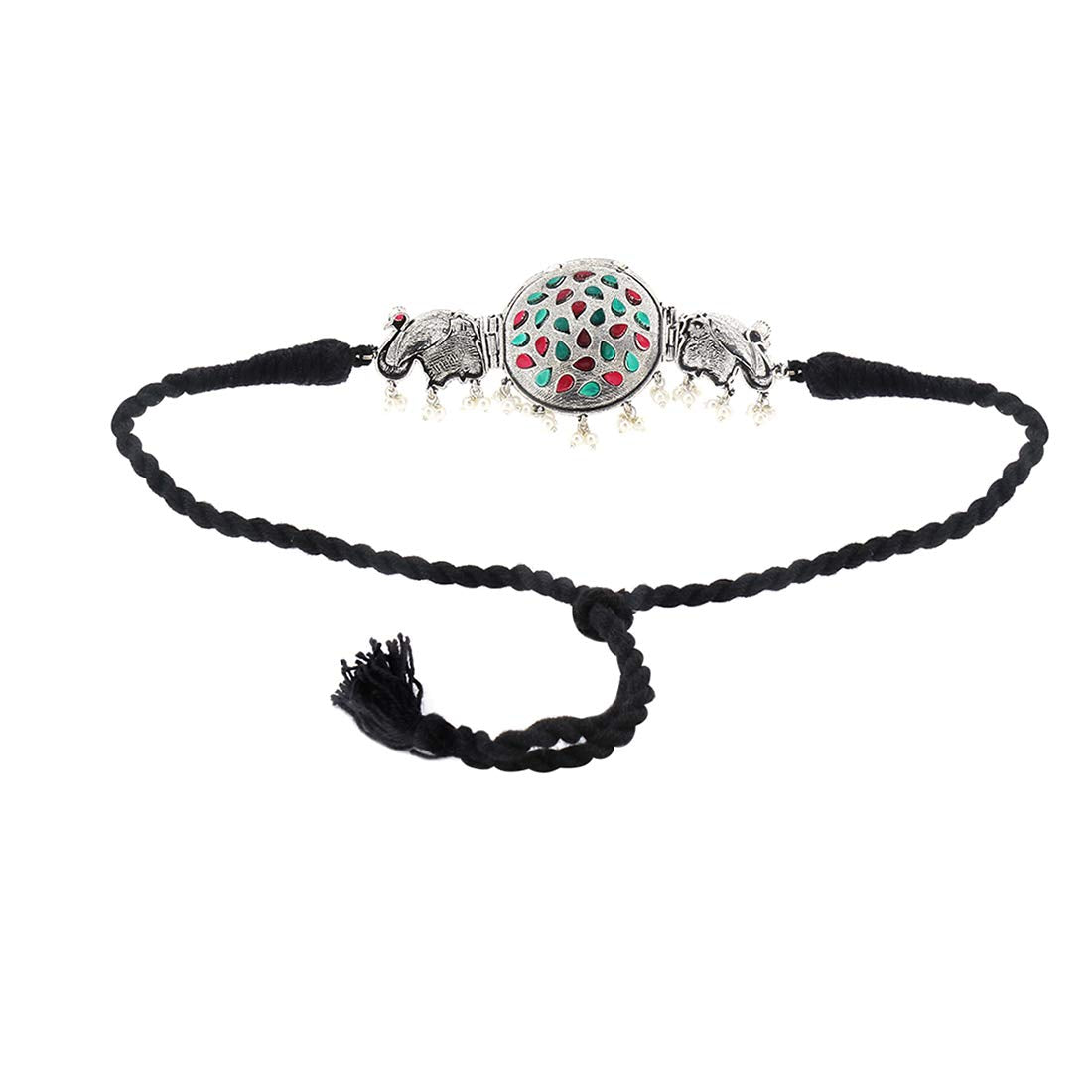 Yellow Chimes Ethnic German Silver Oxidised Studded Stone Peacock Design Threaded Choker Necklace Set Traditional Jewellery Set for Women and Girls, silver, multicolor, medium (YCTJNS-PECKSTON-MC)