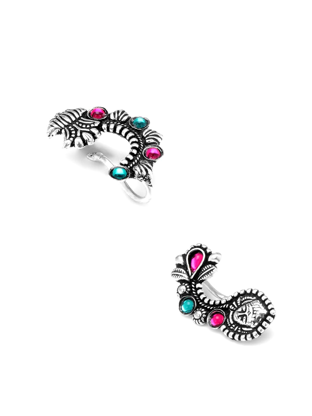 Yellow Chimes Oxidised Nose Pin Nath for Women 2 Pcs Combo Authentic Kolhapuri Worked Maharasthrian Non-Piercing Nath for Women and Girls.