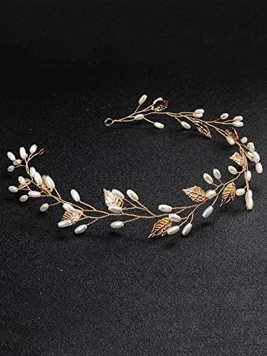 Kairangi Bridal Hair Vine for Women and Girls Bridal Hair Accessories for Wedding Golden Headband Hair Accessories Wedding Jewellery for Women Leafy Pearl Bridal Wedding Head band Hair Vine for Girls